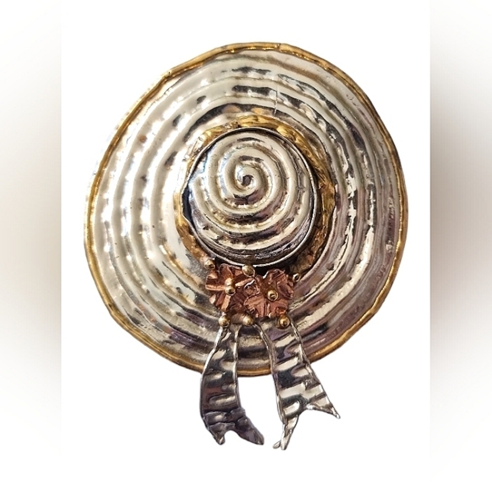 Vintage Handcrafted 3 Tone Metal Wide Brim Sun Hat Brooch Pin Pendant